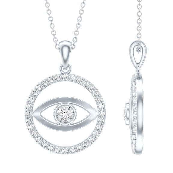 Rosec Jewels Evil Eye Necklace with Moissanite - D-VS1 Grade Certified - Circle Pendant Necklace with Chain - Ready to Gift, 925 Sterling Silver