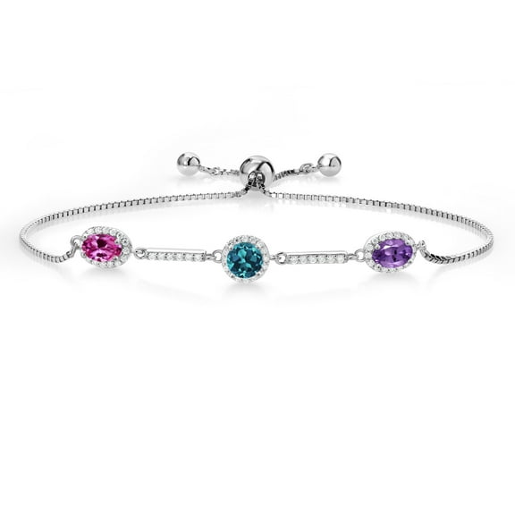 925 Sterling Silver Oval Pink Created Sapphire Round London Blue Topaz and Oval Purple Amethyst Tennis Bracelet for Women (1.65 Cttw, Gemstone Birthstone, Fully Adjustable up to 9 inch)