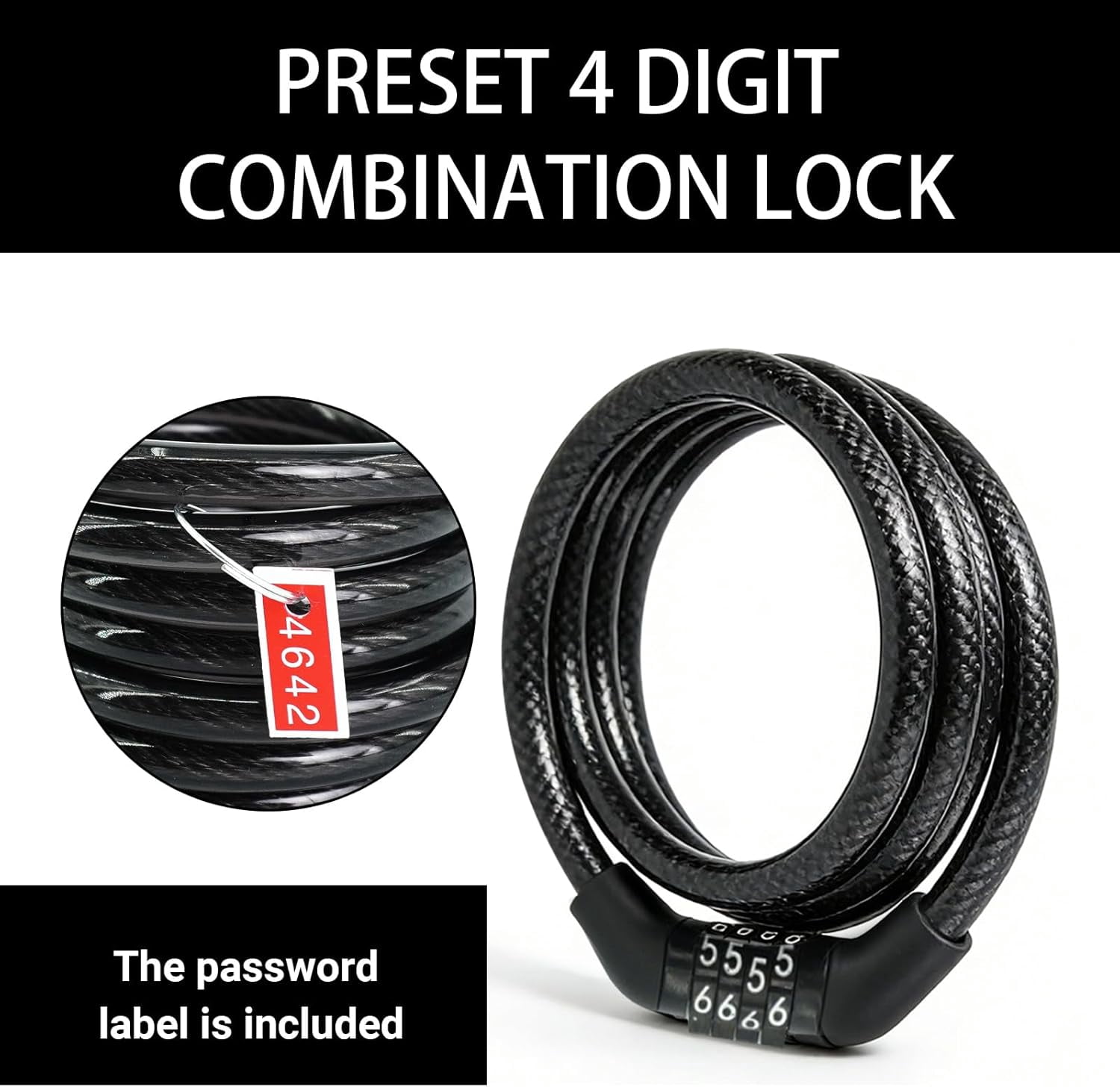 10 Pcs Bike Lock Cable with 4 Digit Combination 4.9 Feet Black Anti Theft Bike Cable Accessories Coiled Preset Bicycle Lock, 5/16 Inch Diameter
