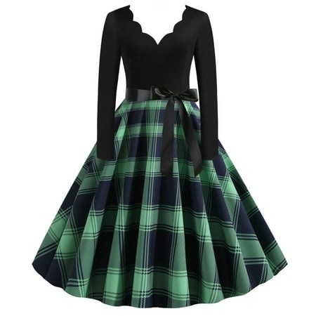 

Jangslng Ladies Vintage Dress V Neck Flower Edge A-line Bow Decor Big Swing Plaid Print Midi Dress Contrast Color Long Sleeve Gothic Christmas Party Performance Dress