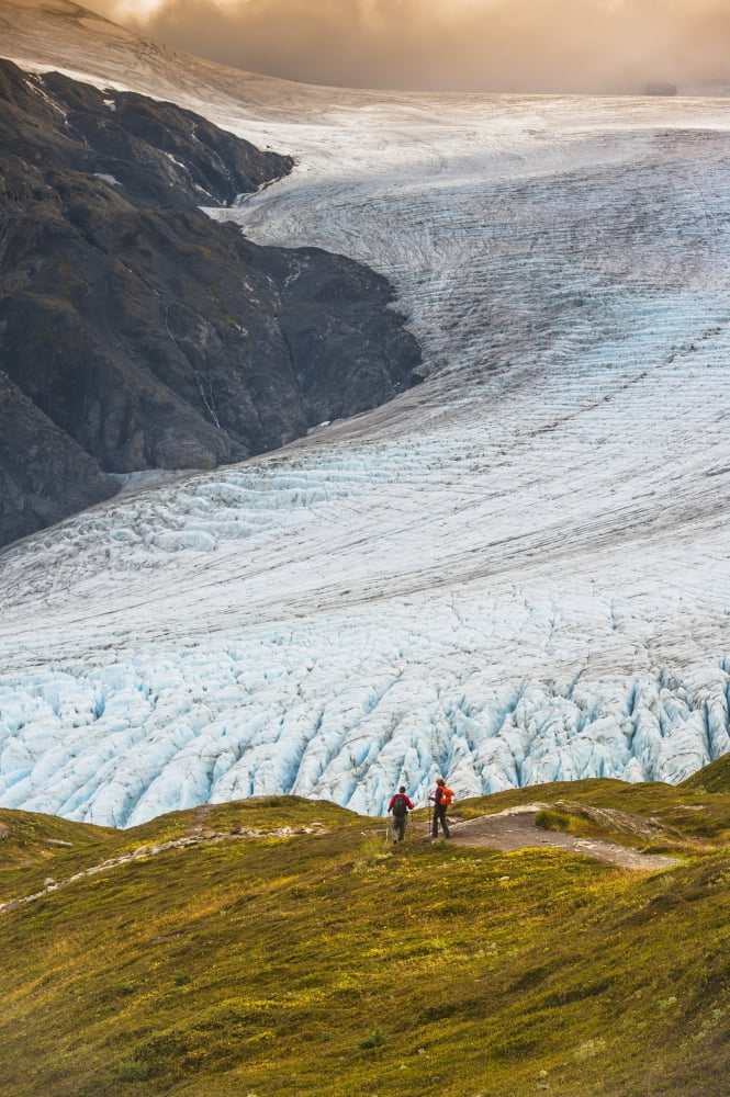 A man and woman hiking down the Harding Icefield Trail with Exit Glacier in the background Kenai Fjords National Park Kenai Penninsula Southcentral Alaska Canvas Art - Michael Jones Design Pics (24 x