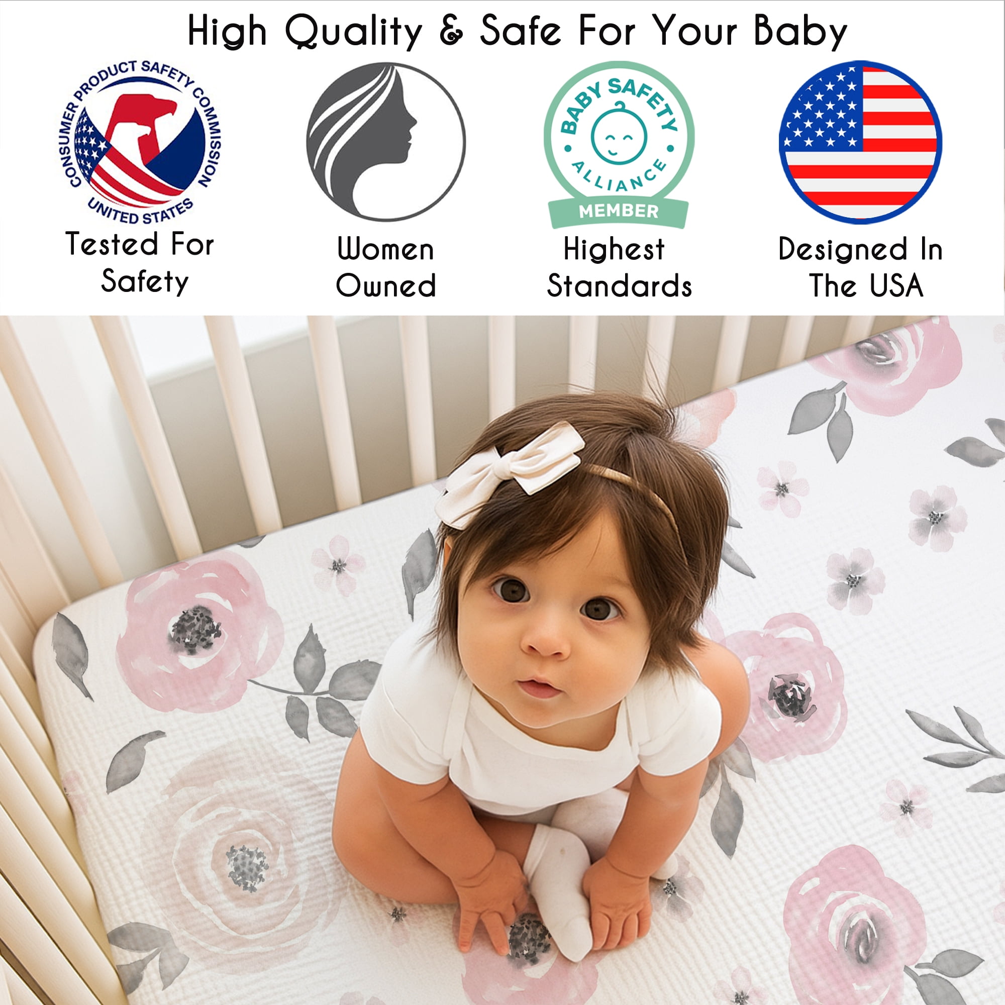 Sweet Jojo Designs Watercolor Floral Pink and Grey Girl 100% Cotton Muslin Fitted Crib Sheet