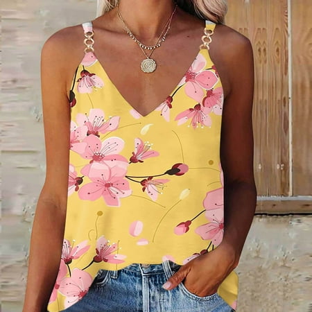 Qhnvtd Tank Tops Women Built In Bra 2024 Casual Summer Patriotic Shirt Fashion Women s Summer Casual Sleeveless Floral Printing Blouse V-Neck Tops T-Shirt Multicolor