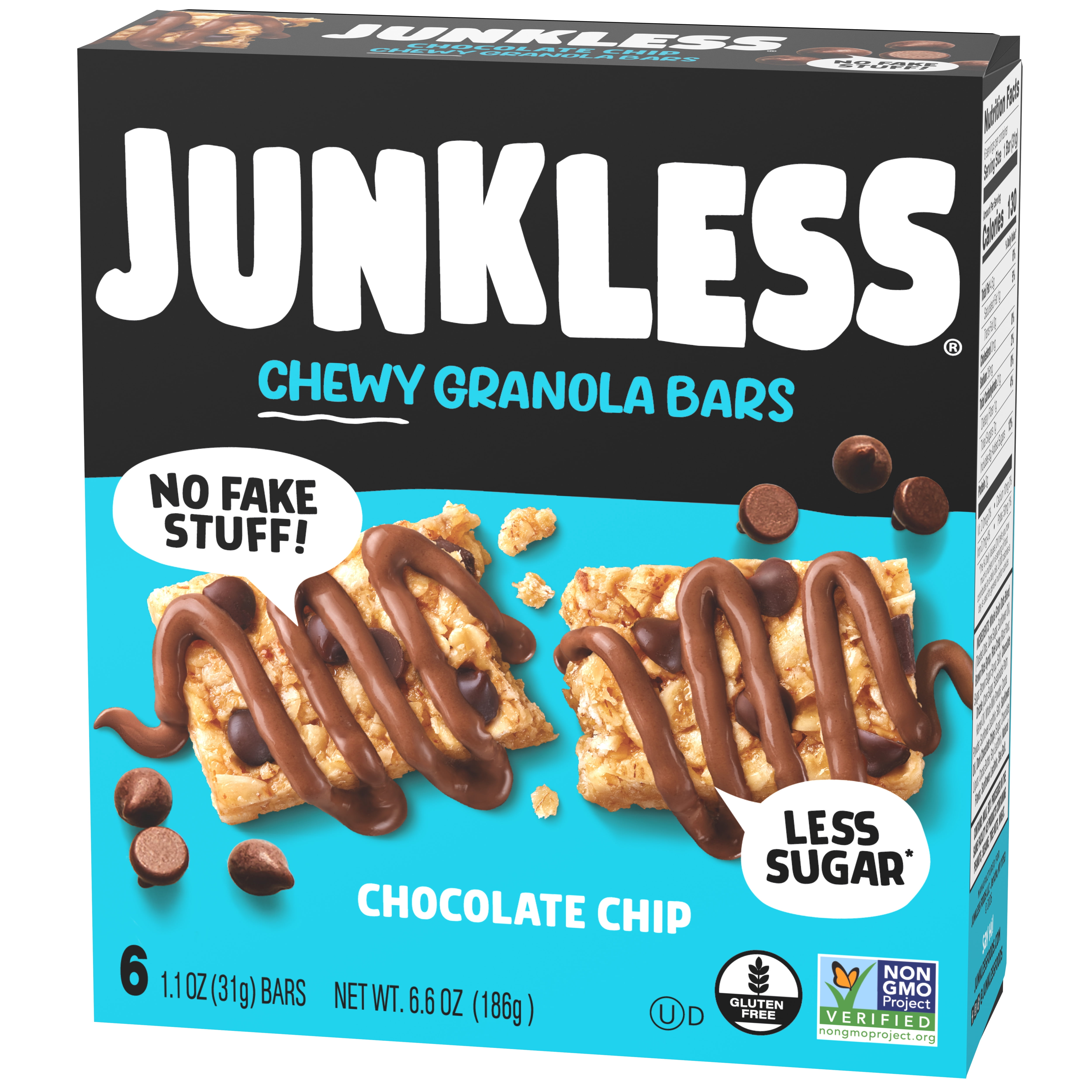 (8 pack) JUNKLESS Chewy Granola Bars, Chocolate Chip, Less Sugar, Gluten Free, Non-GMO, 1.1 oz, 6 Count