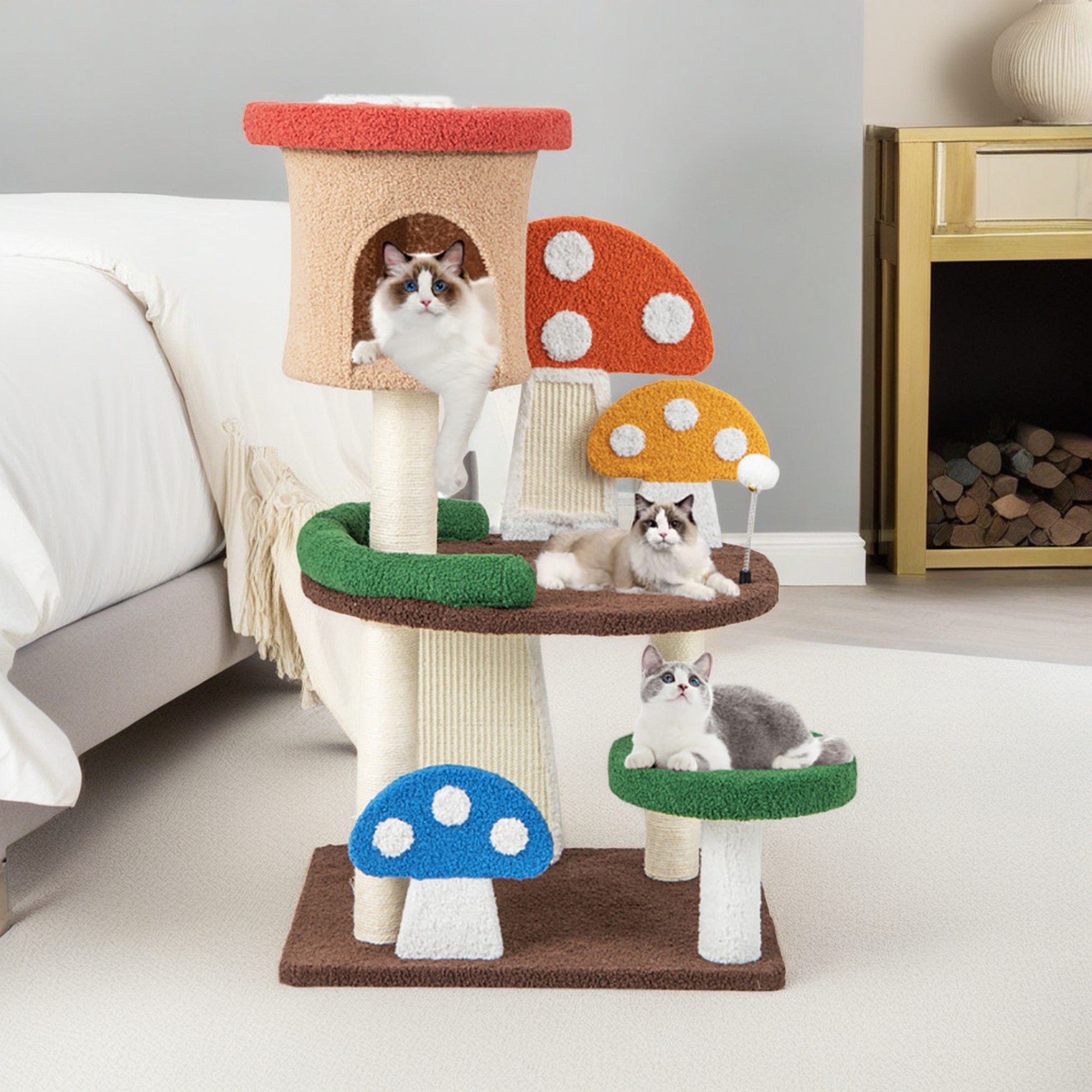 Kadyn 40" Cat Tree Tower with Sisal-Covered Scratching Post, 4-In-1 Mushroom Cat Condo with Padded Perch, for Small Spaces, Kittens, Multicolor