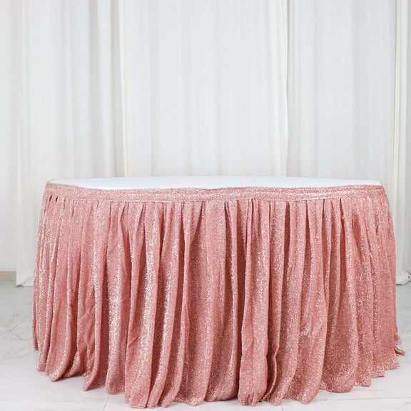 Efavormart 17ft Blush/Rose Gold Shiny Metallic Spandex Pleated Table Skirt, Glitter Semi-Sheer Table Skirt with Top Strip for Dining Catering Wedding