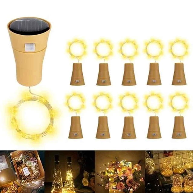 Cadena de luces solares para tapa de botella de vino a prueba de lluvia para exteriores - blanco cálido 1 metro 10 luces