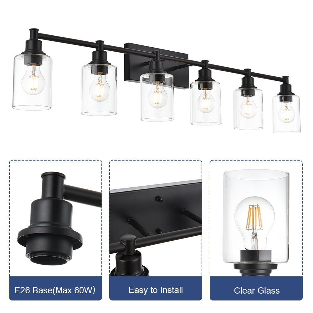 Melucee Modern Bathroom Light Fixtures, 6 Light Vanity Lights, Black Wall Lamp with Clear Glass for Bathroom