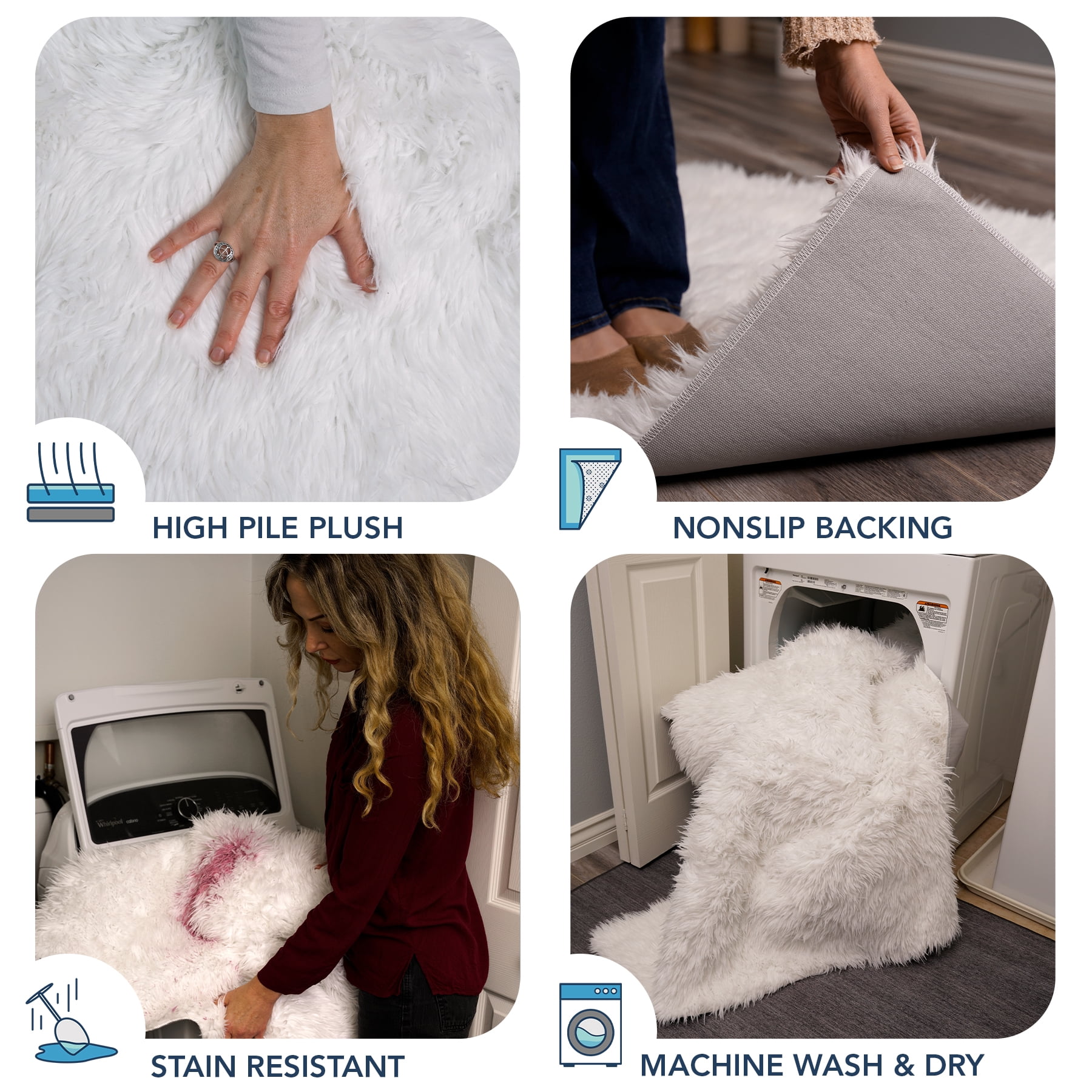 My Magic Carpet 5'x7' Machine Washable Soft Faux Fur Fluffy Thick Non-Slip Area Rug - Shag White