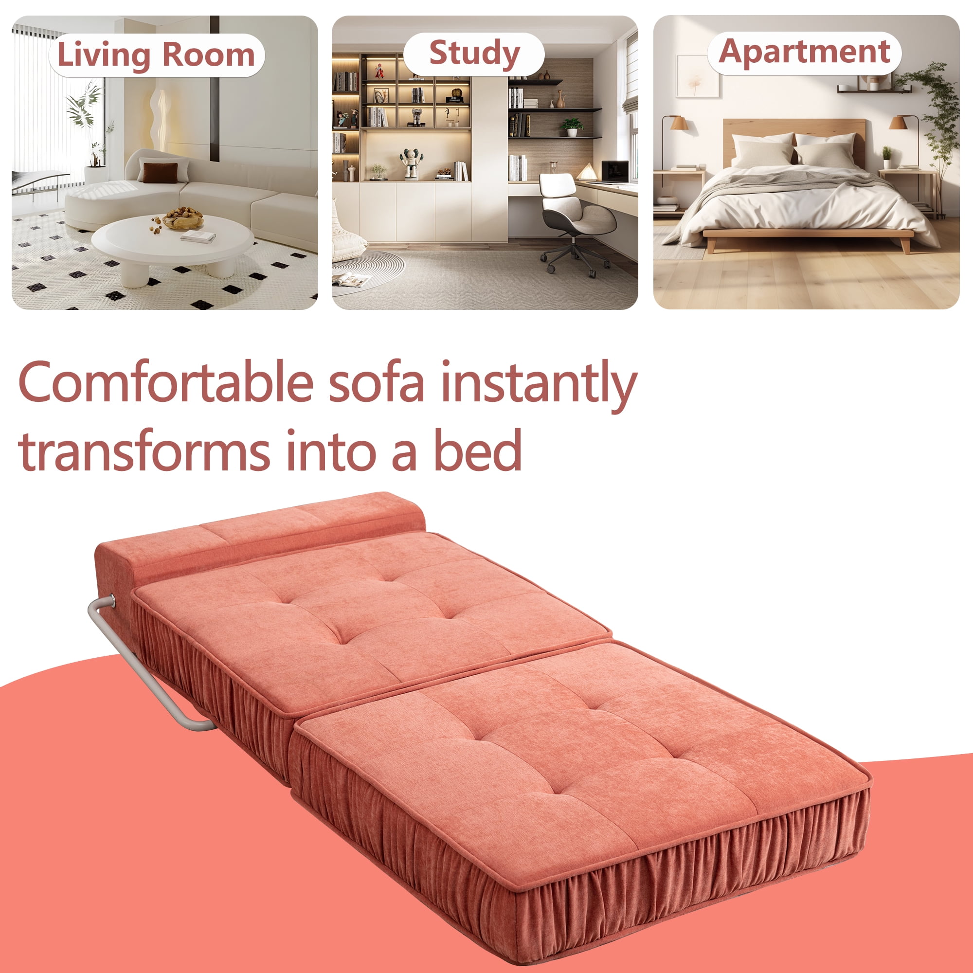 Folding Sofa Bed, Orange Convertible Sleeper Chair with Removable Back Cushion and Non-Slip Bottom, Chenille Futon Floor Couch for Living Room, Guest Room, Home Office