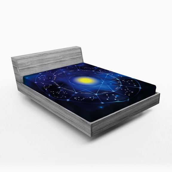 Constellation Fitted Sheet, Illustration of Zodiac Signs in Geometric Circle Horoscopes Sun, Soft Decorative Fabric Bedding, Queen Size, Pale Blue Indigo Yellow, by Ambesonne