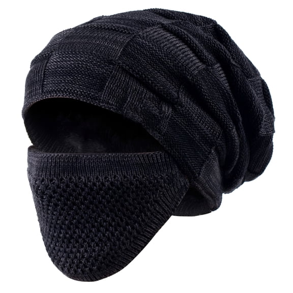 TELOLY Beanie Hat for Men and Women Winter Warm Hats Knit Slouchy Thick Skull Cap with Face Cover - Black