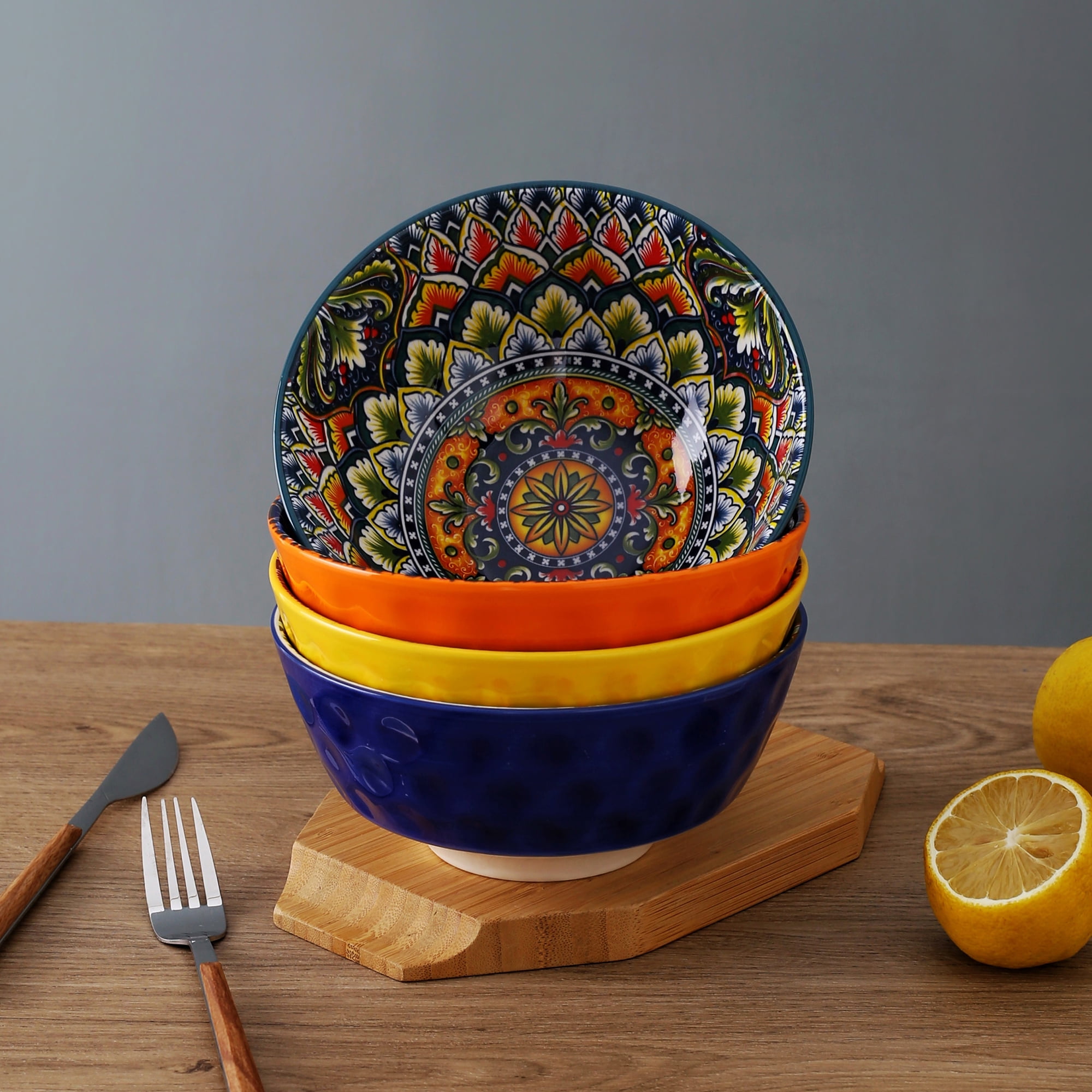 Artmica Porcelain Boho Cereal Bowls, Ceramic Soup Bowls Set of 4, 26 oz Colorful Bowls Set