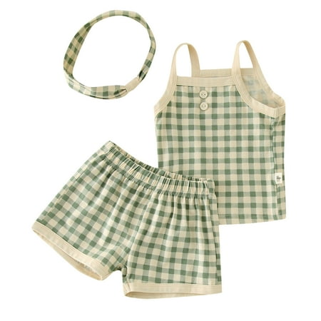 

XINSHIDE Baby Sets Girls Sleeveless Plaid Strap Vest T Shirt Tops Shorts Headband 3Pcs Outfits Clothes Set Baby Clothing