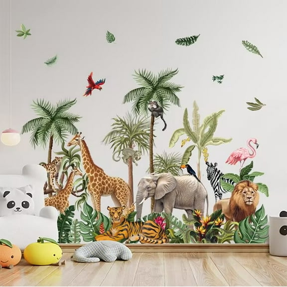 Safari Animal Wall Stickers Tropical Palm Leaves Wall Decals Jungle Animal Sticker Plant Leaf Tiger Elephant Decal Wild Animal Sticker for Bedroom Nursery Living Room Decor