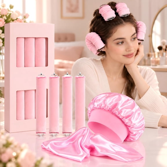 Heatless Curls Overnight Hair Curler Set, Overnight Blowout Rods, No Heat Curls Flexi Rods, Jumbo Curling Rollers with Satin Scarf & Sleep Cap, Pink