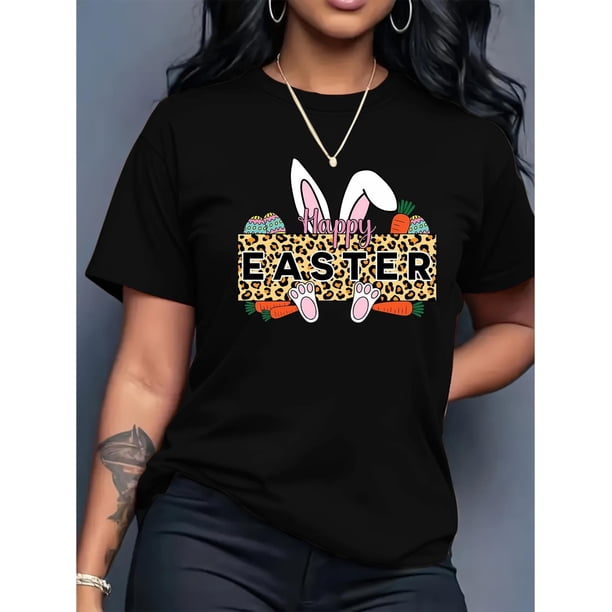 Camiseta De Verano Para Mujer, Cuello Redondo, Para Mochilero, Vacaciones En La CalleHappy Easter with a Bunny And Carrot Print on a Stylish Casual Round-Neck Short-Sleeve T-Shirt for Black Women.Fa