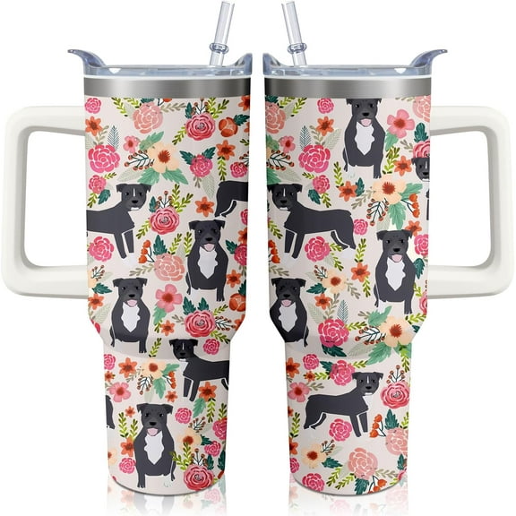 40oz Pitbull Dog Tumbler with Handle and Straw, Funny Stainless Steel Insulated Cup with Lid and Straw, Travel Coffee Mug Water Bottle, Birthday Mothers Day Gifts for Women Men Animal Lovers