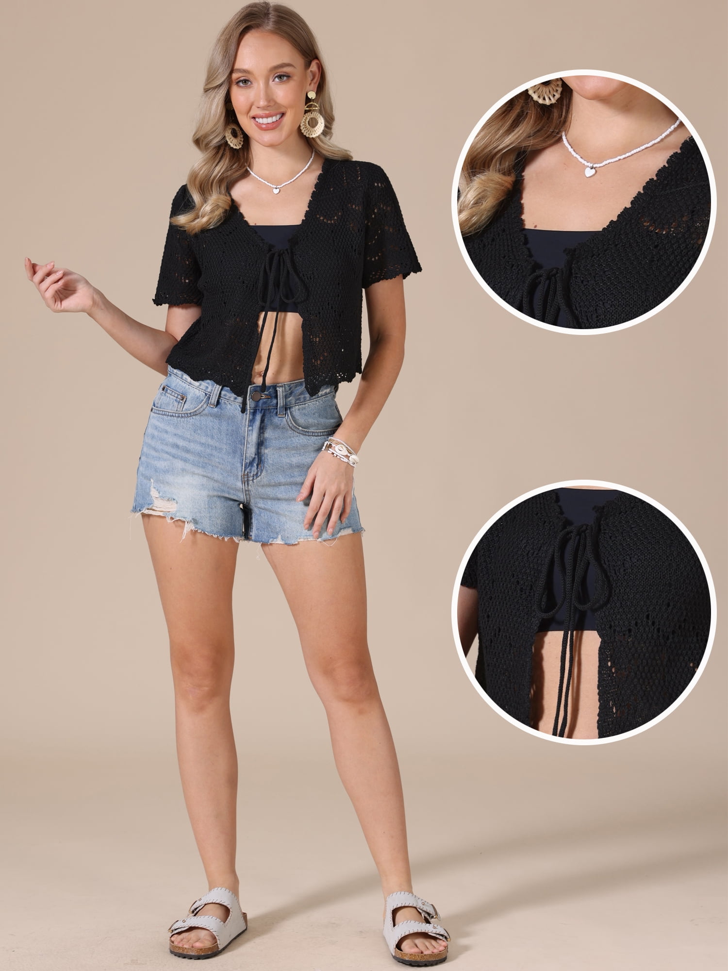 DARING DIVA Women's Crochet Cardigan Tie Front Go Out Short Sleeve Crop Shrug S Black