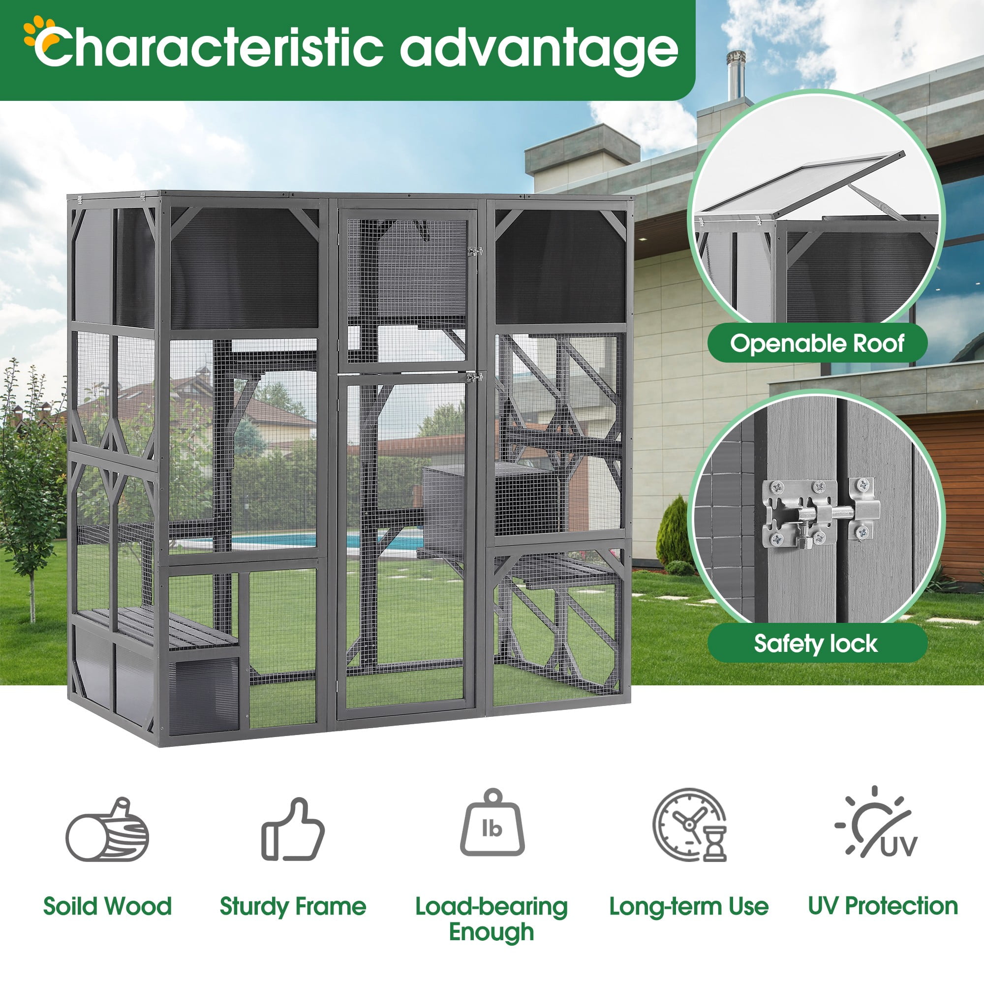 Pefilos 67" Cat House Outdoor Catio Kitty Enclosure with Enter Door, Wood Cat Cage Condo Indoor Playpen with Platforms and Small House, Gray