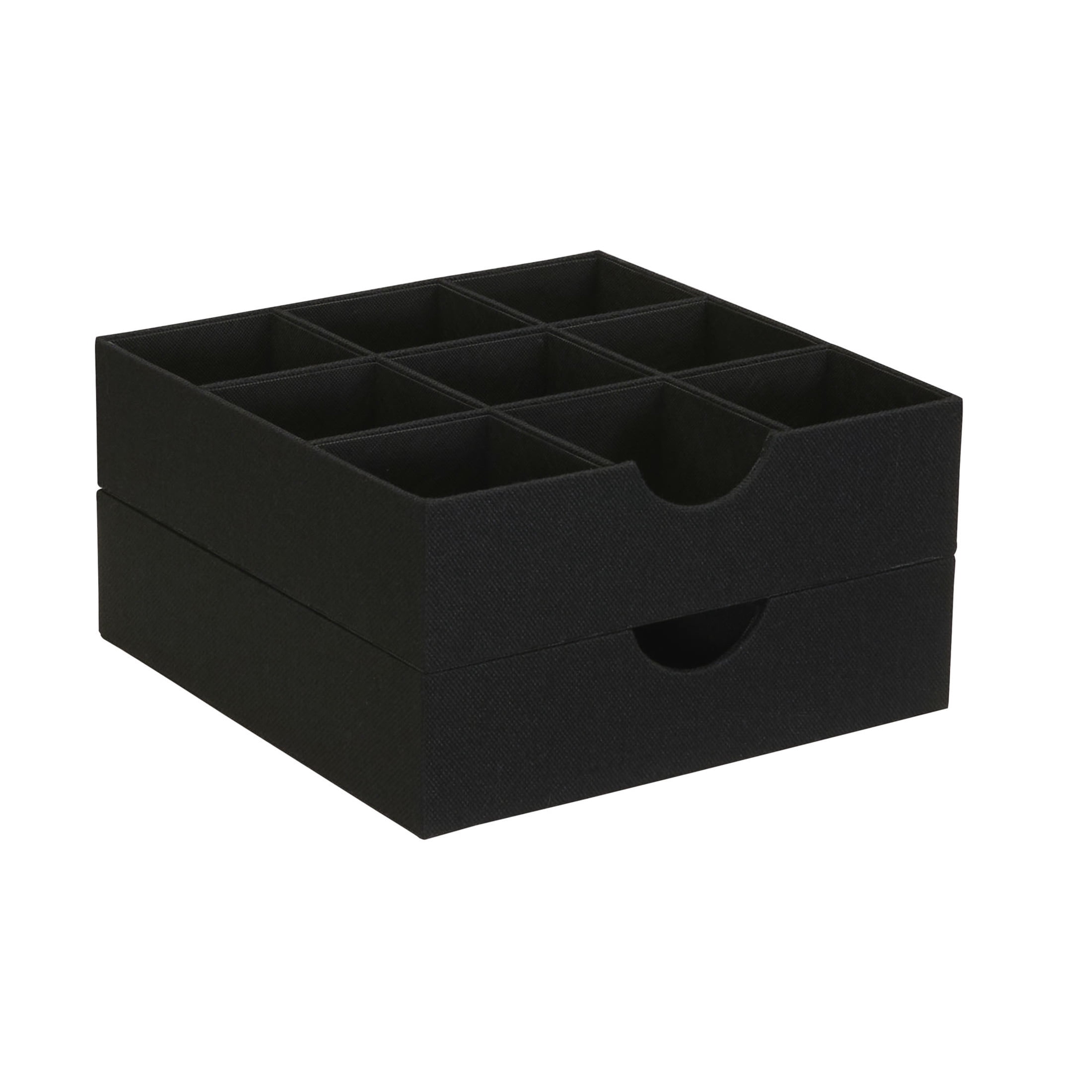 Household Essentials 9-Compartment Drawer Organizers, Pack of 2, Sturdy Chipboard With Soft Polyester Cover, Convenient and Stylish Storage Solution, 3” H x 12” W x 12” D, Black Linen