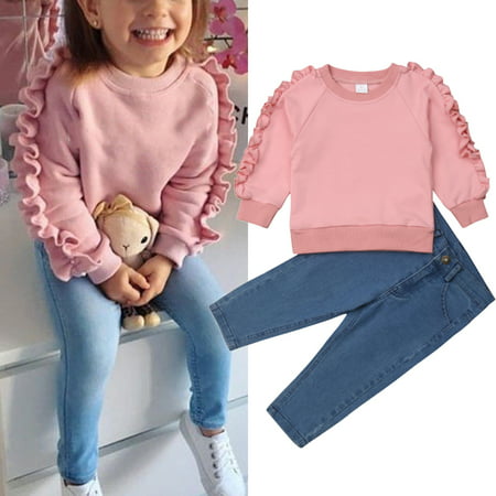 2PCS Toddler Kids Baby Girls Ruffle Tops Denim Pants Jeans Winter Outfits Clothes 1-6 (Best Winter Outfits 2019)