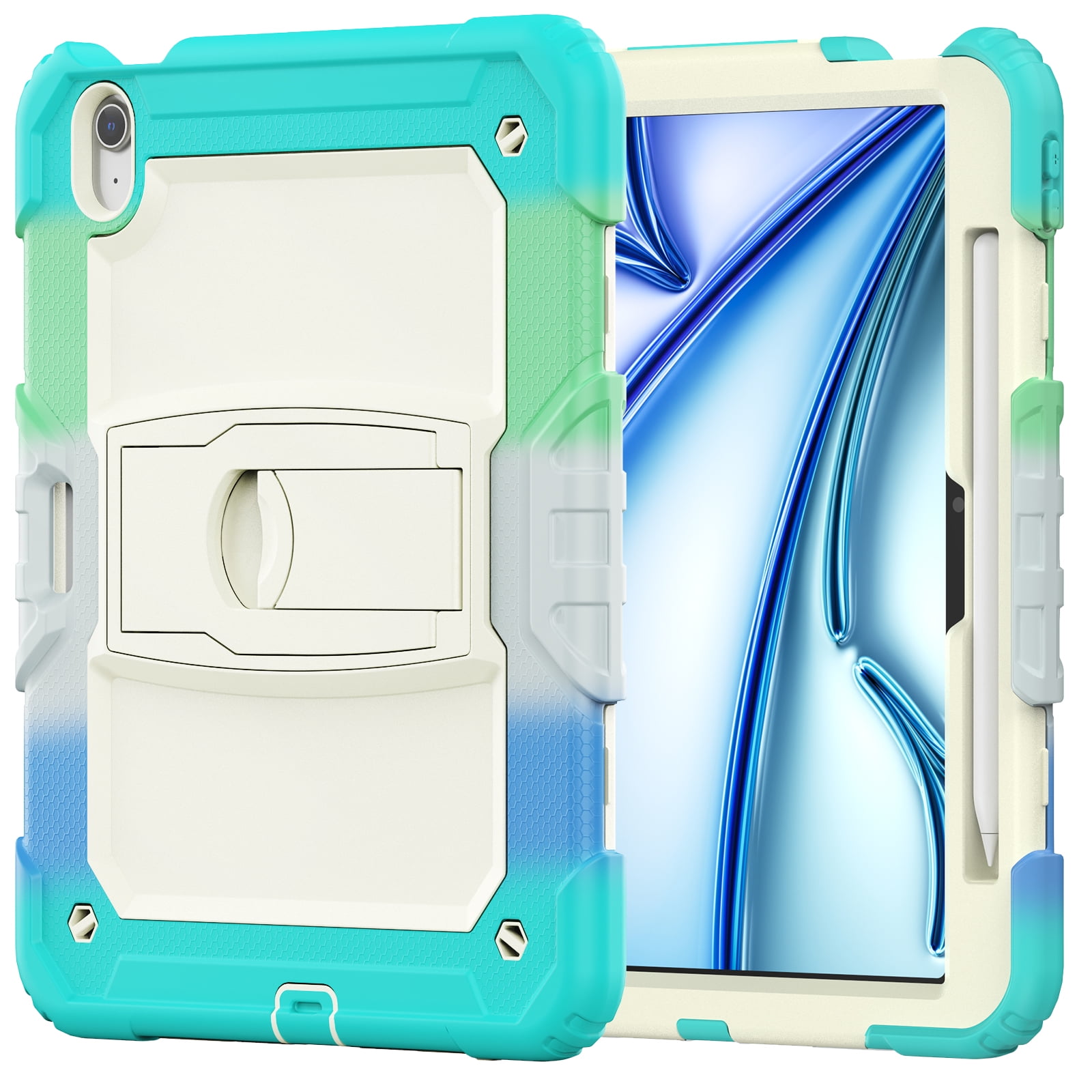 Rugged Case For Apple iPad Air 11 (2024) – 3-Layer Protection Shockproof Stand Cover with Screen Protector, Adjustable Stand, Shoulder Strap, & Pencil Holder -- Colorful Blue