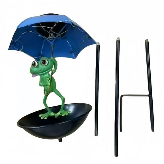 Decorative Metal Frog Rain Gauge with Blue Umbrella for Garden Lawn Yard Outdoor Weather Measurement Ornament