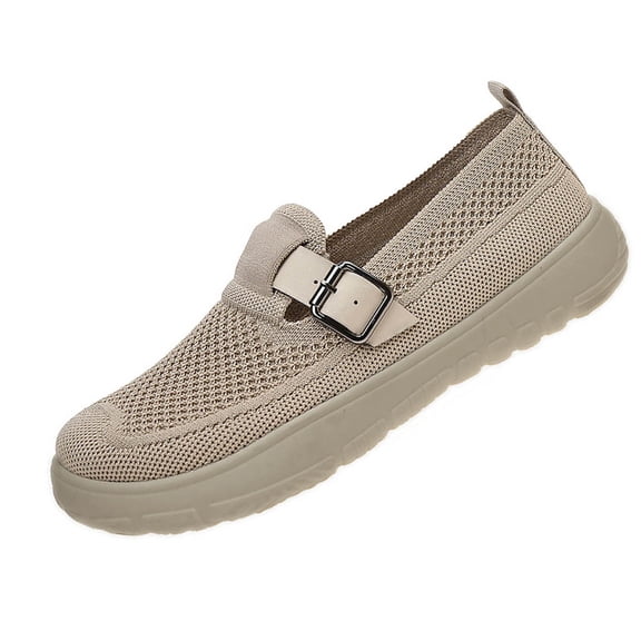 Xfvqtps Womens Breathable Mesh Slip on Shoes with Buckle Casual Thick Sole Sneakers Comfortable Walking Shoes Beige