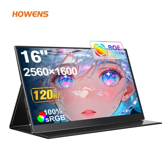 HOWENS 16" Portable Monitor, 2.5K 2560x1600 WQXGA Display, 120Hz High Refresh Rate, 100% NTSC IPS Panel, 16:10 Touchscreen, VESA Mountable, External Screen for Laptop PC Phone Gaming Console