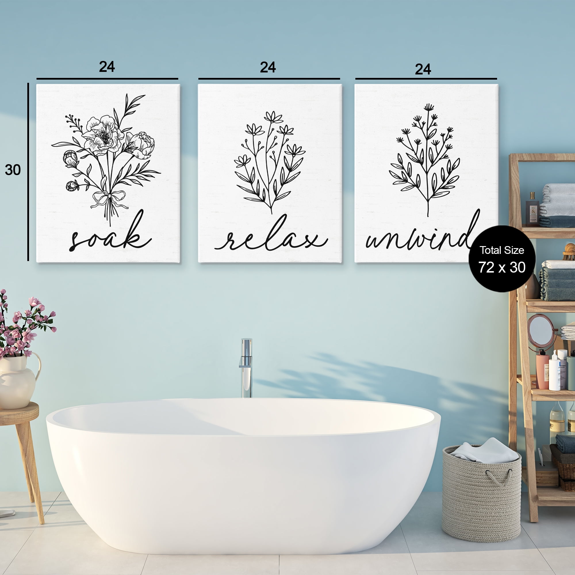 Bathroom Herbs for Relaxation 3 Piece Canvas Wall Art Set, design by Lettered and Lined