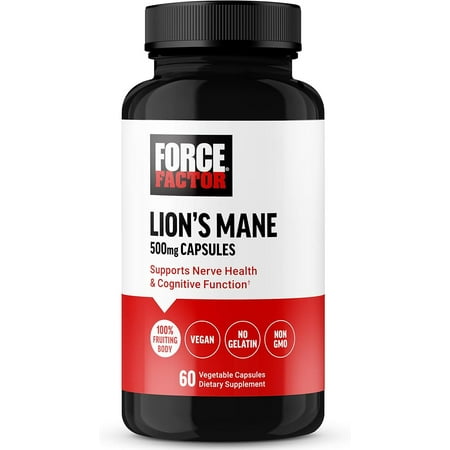 Force Factor Lion’s Mane Supplement Capsules, Memory & Focus Supplement, Supports Nerve Health & Cognitive Function, Made with 100% Fruiting Body, Vegan, No Gelatin, Non-GMO, 60 Vegetable Capsules