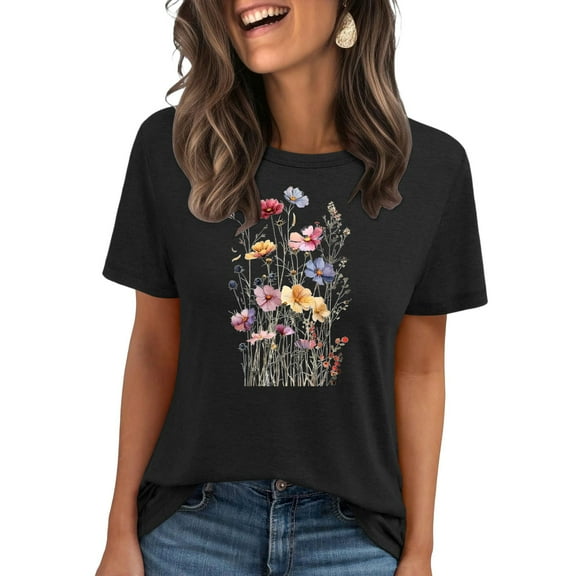 2025 Women's Boho Floral Print T-Shirt - Short Sleeve Cotton Crew Neck Top | Loose Casual Summer Graphic Tee with Vintage Style