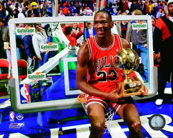 Michael Jordan with the 1987 NBA All Star Slam Dunk Contest Trophy ...