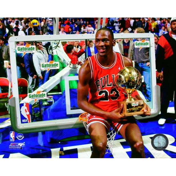 Michael Jordan With The 1987 Nba All Star Slam Dunk Contest Trophy