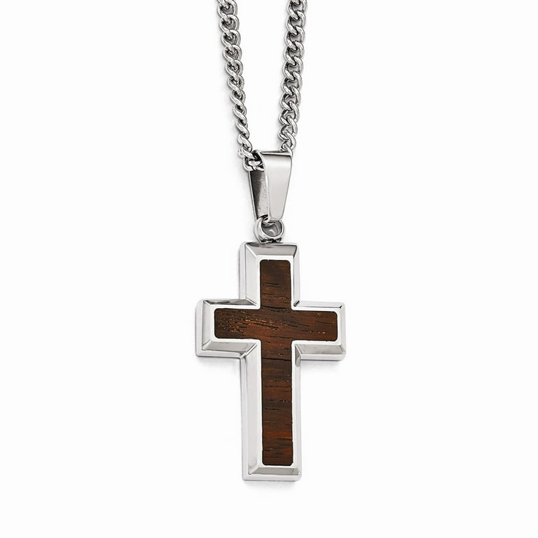 Silver Cross Necklace with Wood Inlay, 24 Inches