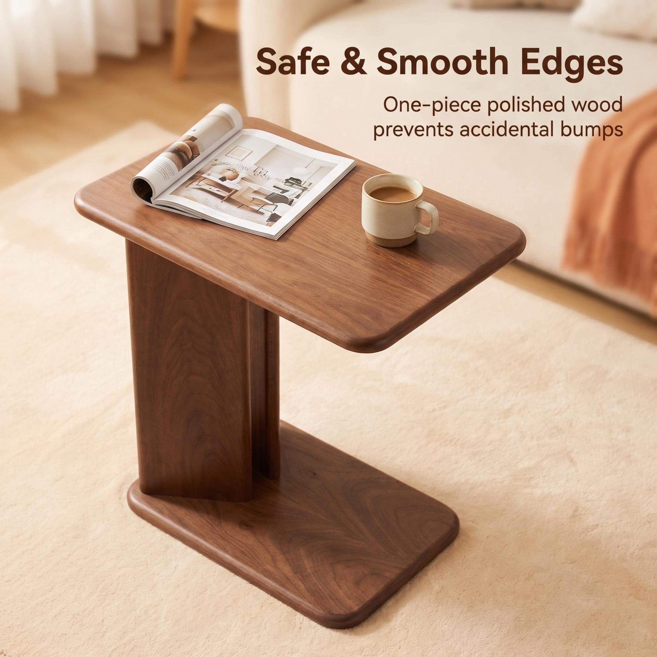 GDF Studio 23.6" Modern C-Shaped Side Table with 2-Tier Storage Shelves, Walnut