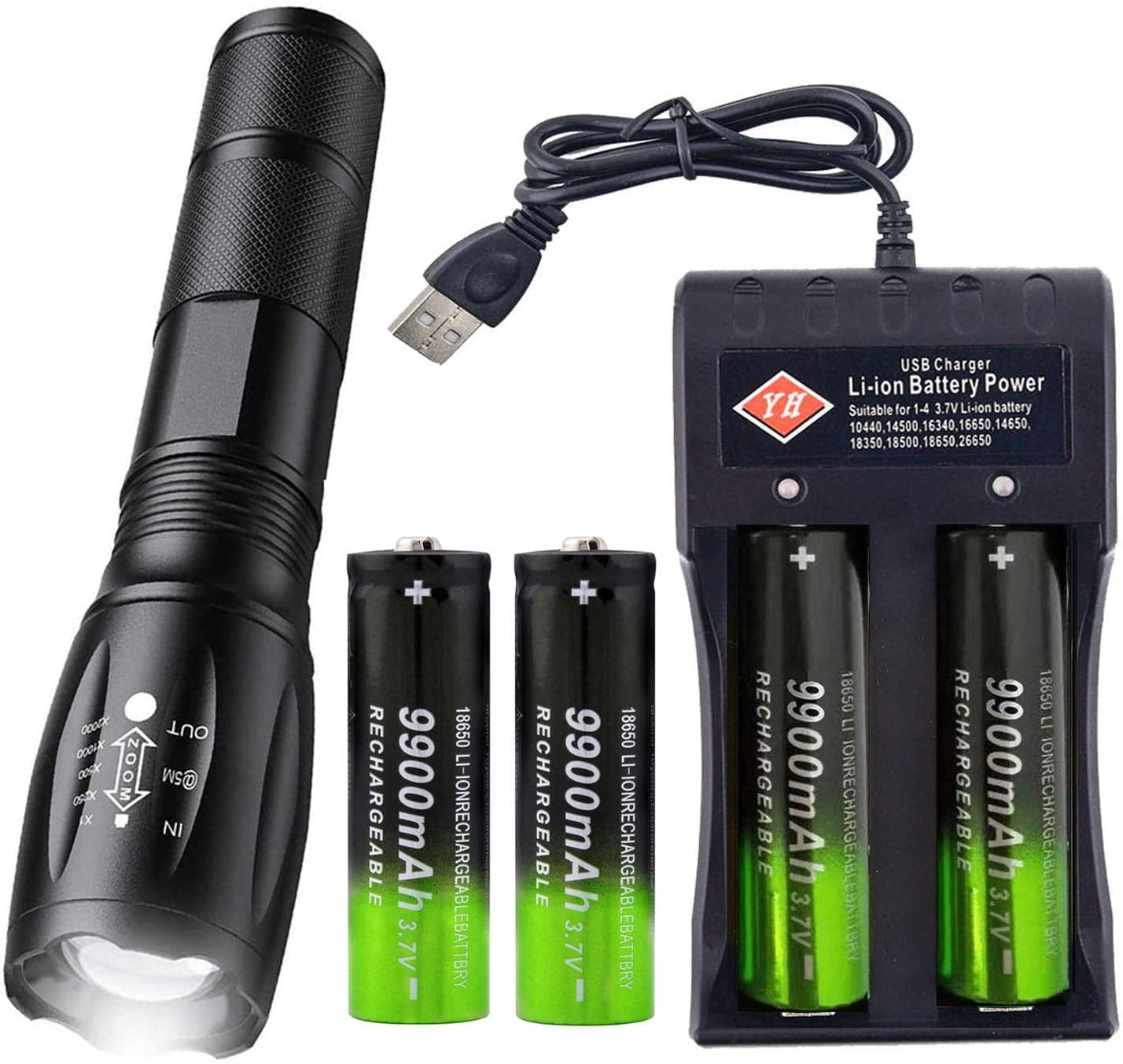 Zoomable Flashlight Light Battery 9900mAh 3.7V Li-ion Rechargeable Batteries 