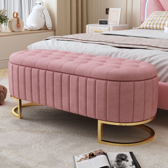 MODERNLUXE Upholstered Velvet Storage Ottoman Bench,End of Bed Bench with Metal Legs,Storage Chest for Bedroom,Living Room,Entryway,Pink