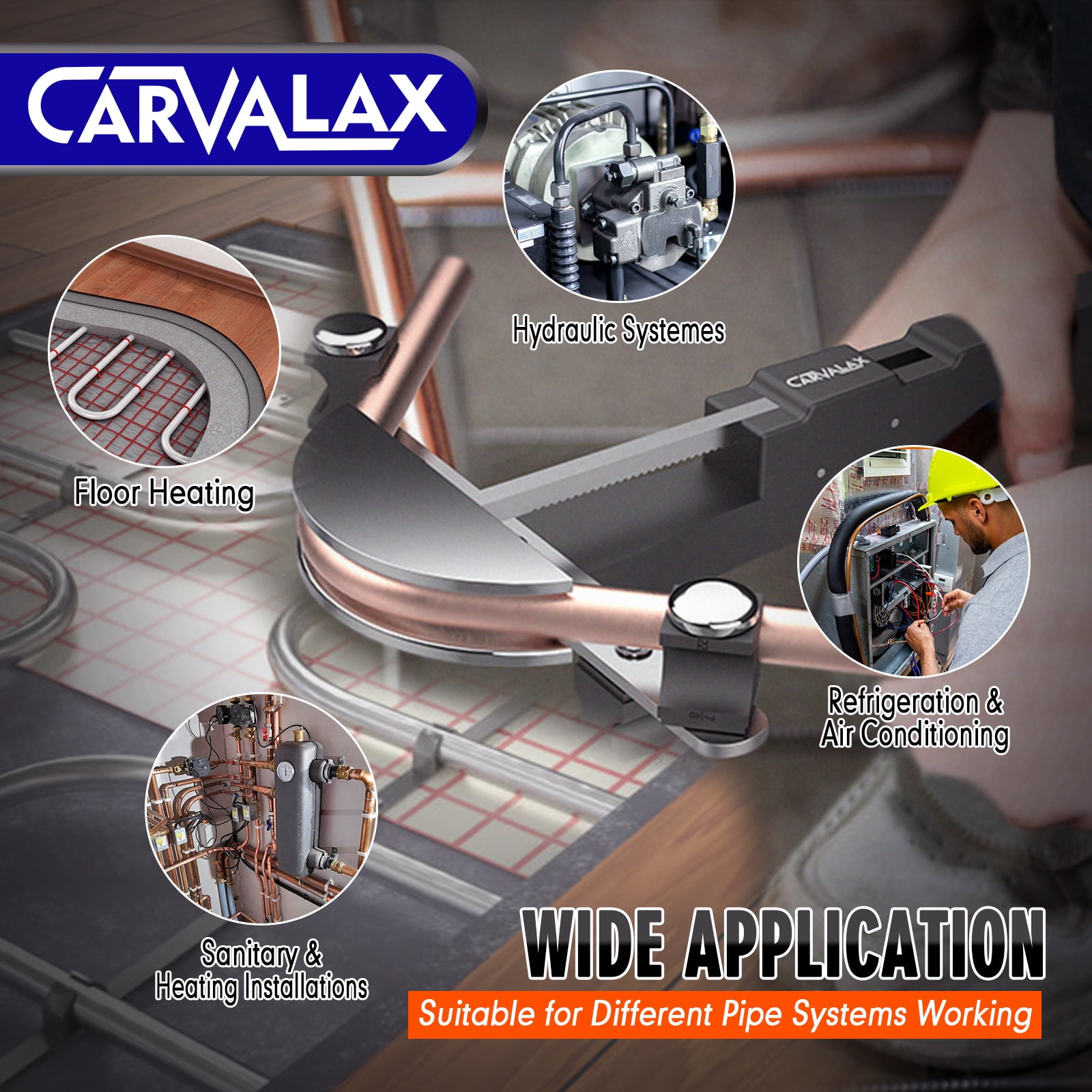 Carvalax Aluminum Pipe Tube Bender Set with 7 Electroplated Bender Heads, for 1/4” to 7/8” O.D, 90° Ratcheting Tubing Bender w/Reverse Bending Adapters, for HVAC, Air Conditioning, and Hydraulic Work