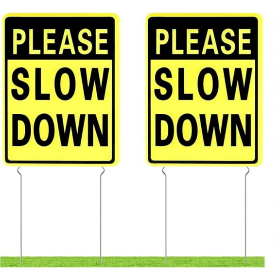 Please Slow Down Yard Signs with Metal Stakes, 16 x 12 Inches/25 Inch High, 2 Pack Double Sided Plastic Slow Down Signs for Neighborhoods