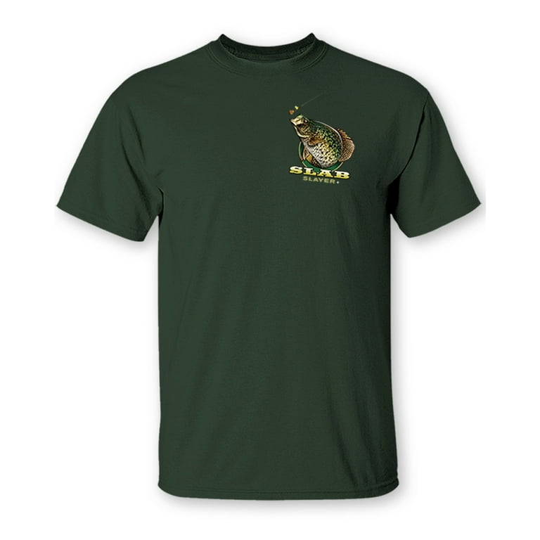 Follow the Action Crappie Slab Slayer Two-Sided 100% Cotton Short Sleeve  Fishing T-Shirt (X-Large) Forest Green 