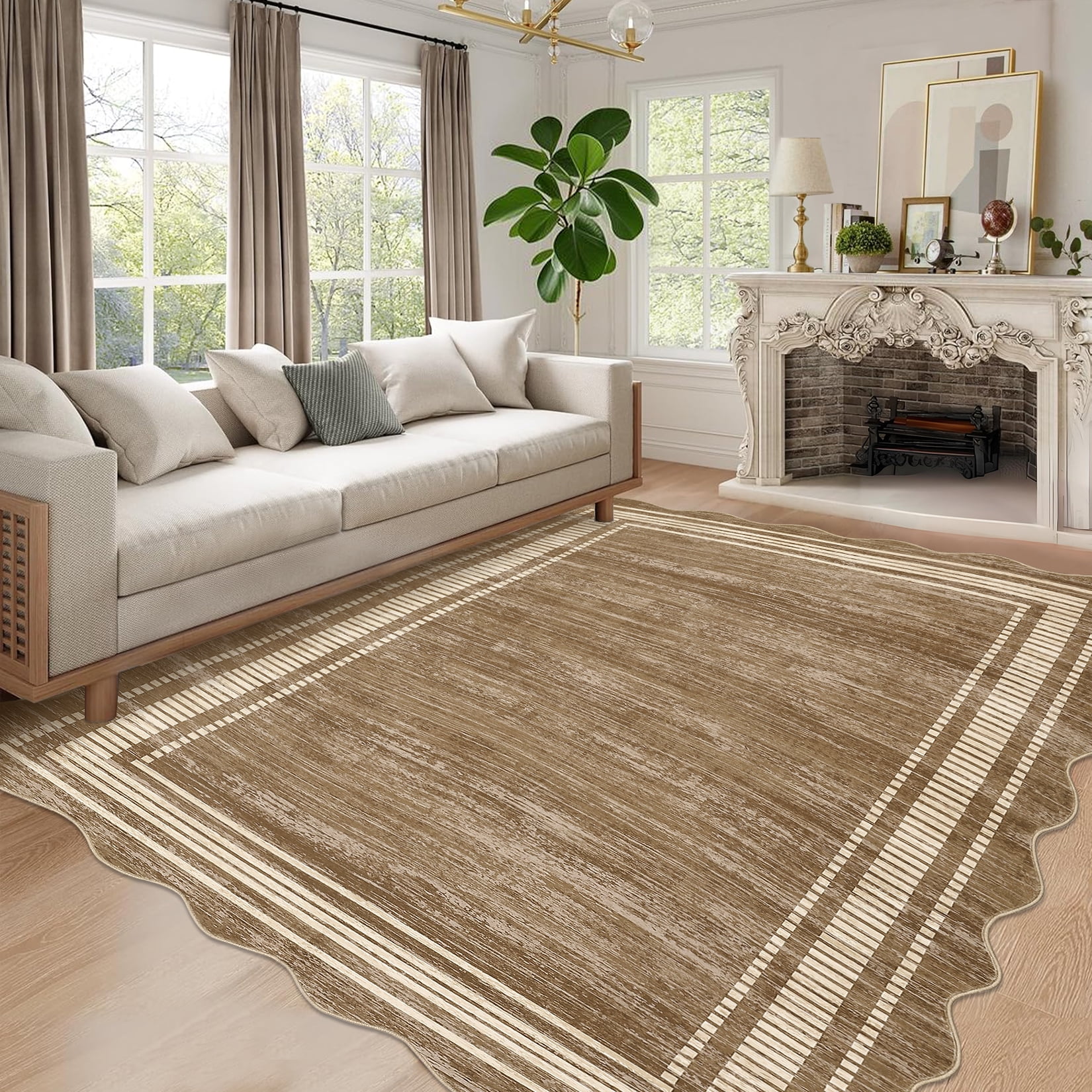 COZONY 9'x12' Modern Scalloped Washable Area Rug, Non-Slip Low-Pile Carpet for Living Room, Bedroom, Camel