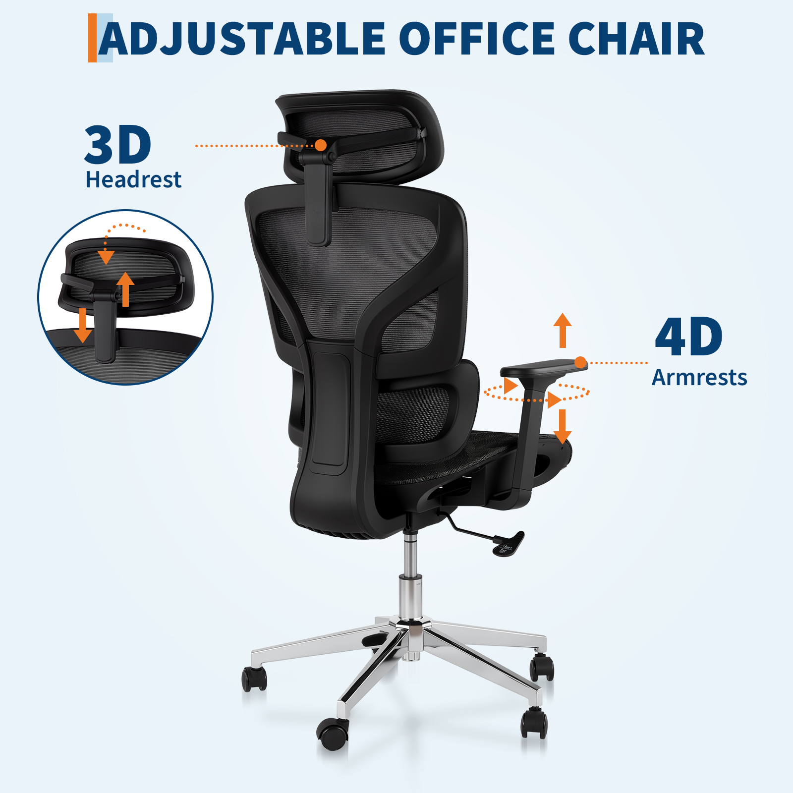 Accreate Ergonomic Mesh Office Chair, High-Back Executive Chair with Adjustable Lumbar Support, Breathable Desk Chair with 360° Swivel and Rolling Casters, Comfortable Computer Chair for Home Office