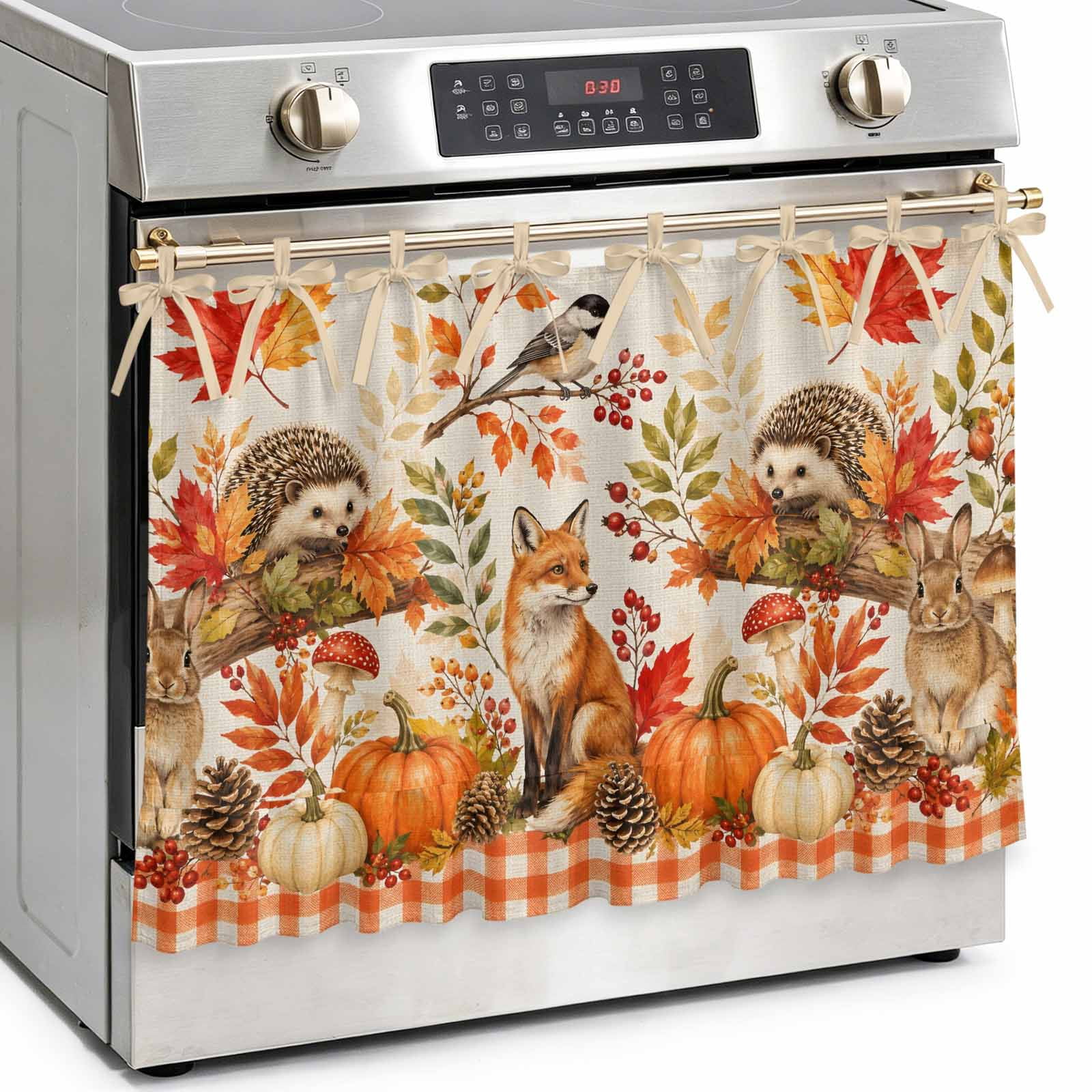Thanksgiving Pumpkin Oven Skirt Curtain Kitchen Stove Skirt Cover with Tie Top Fall Forest Botanical Plaid Decorative Cabinet Cover Dishwasher Curtain for Farmhouse Decor 27x20 Inch