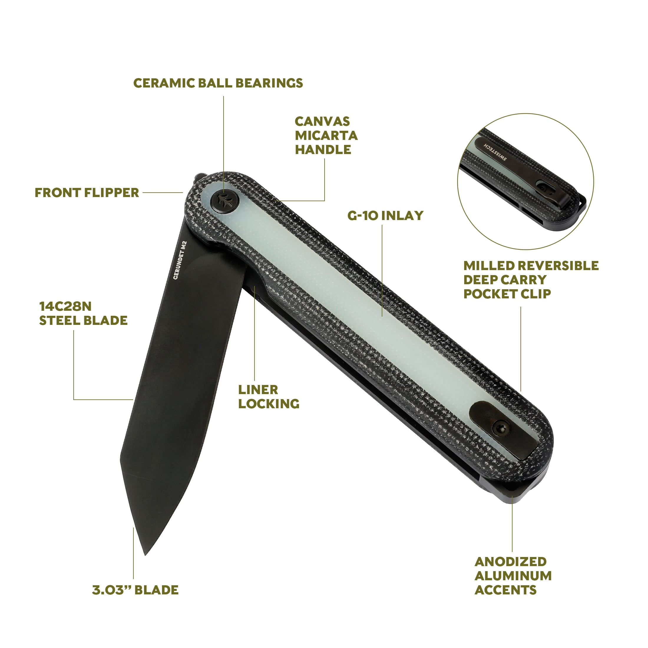 Swiss Tech GERUNDET M2 Black Micarta Folding Knife, Jade G-10 Inlay, 14C28N Steel