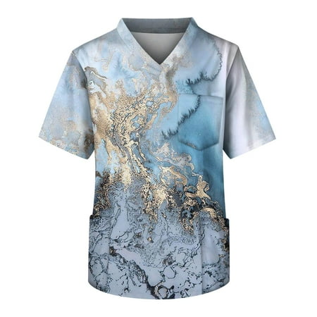 

SENDKEELPlus SizePrinted Scrub Working Uniform Tops For Men s Cross V-Neck Short Sleeve Fun T-Shirts Workwear Tee With Pockets