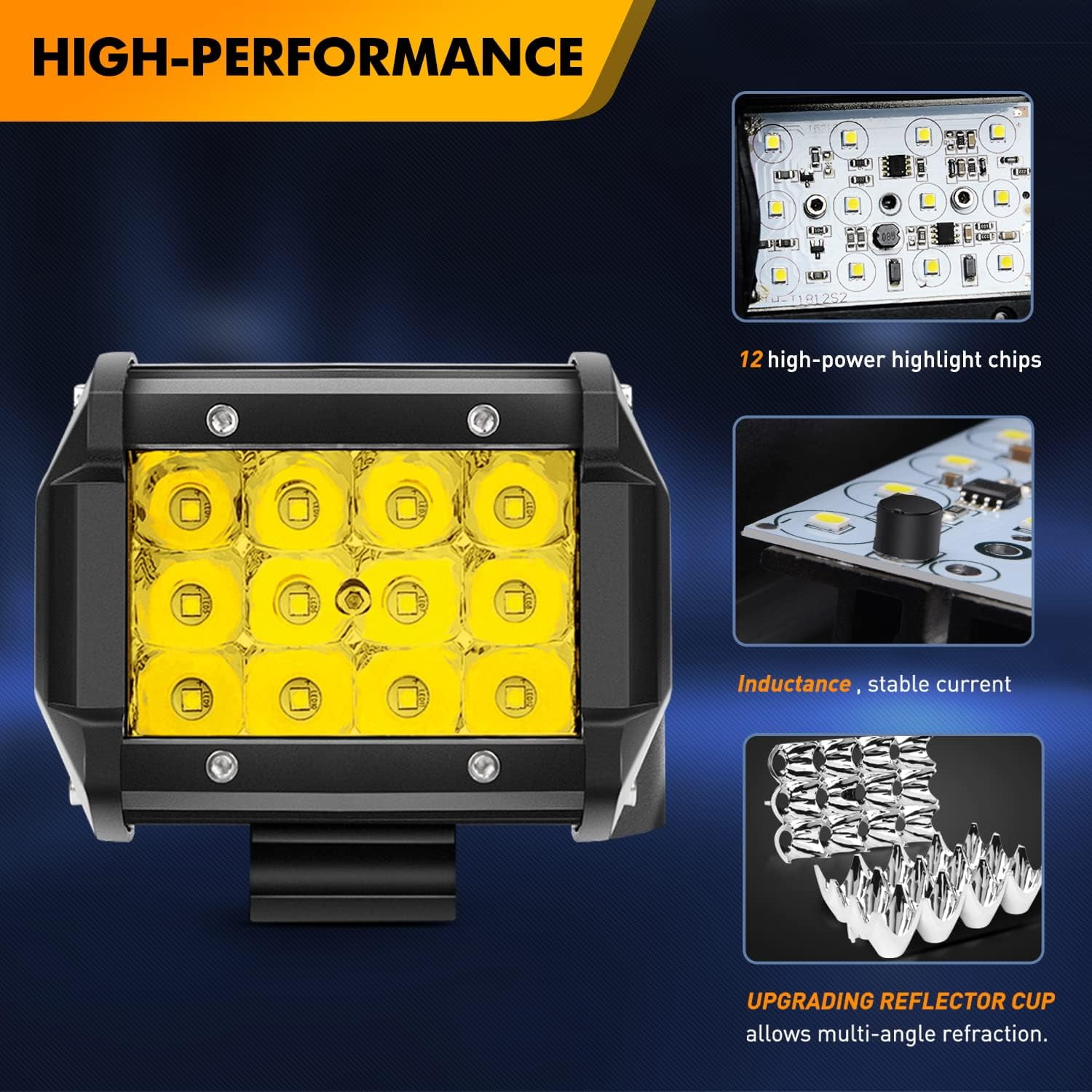 Waywe 2PCS 4" Amber LED Pods 36W Triple Row Flood Light Bar Fog Light 3600LM Driving Lighting with 16AWG Off Road Wiring Harness-2 Leads for Truck Golf Cart SUV ATV UTV Boat, Clear,Yellow (Auto-650)