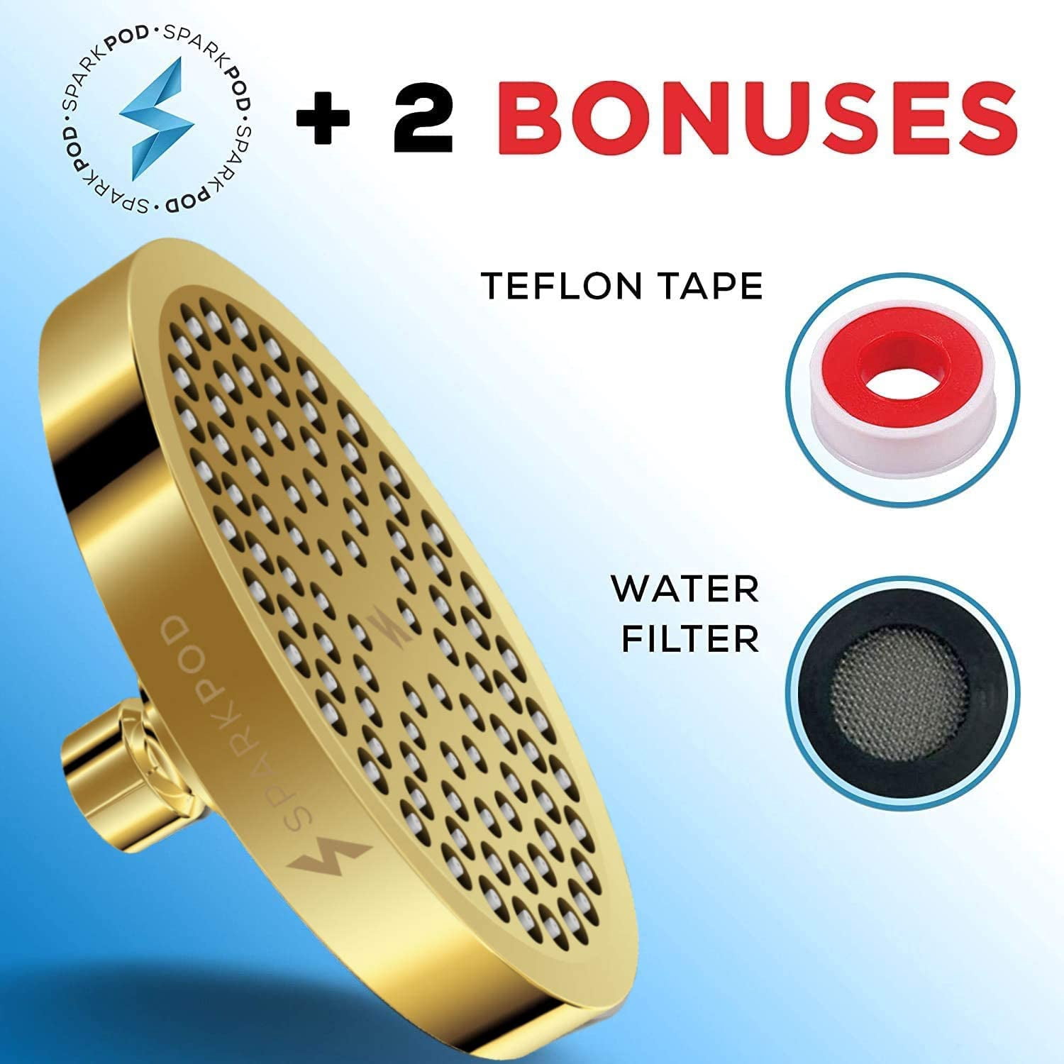 SparkPod High Pressure Rainfall Shower Head, Easy Install, Energy Saving (6 inch Round, Gold)