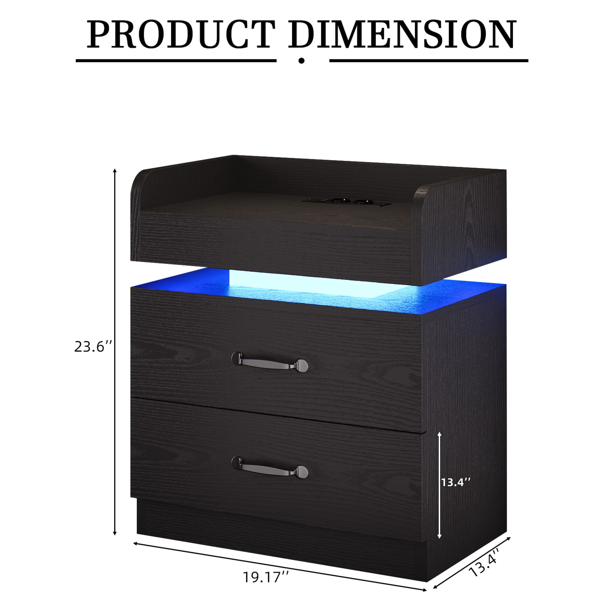4 Ever Winner LED Nightstand, Modern Black Night Stand End Tables with Charging Station & LED Lighting, 2 Drawers, Open Shelf Storage, Bedside Tables for Bedroom & Living Room